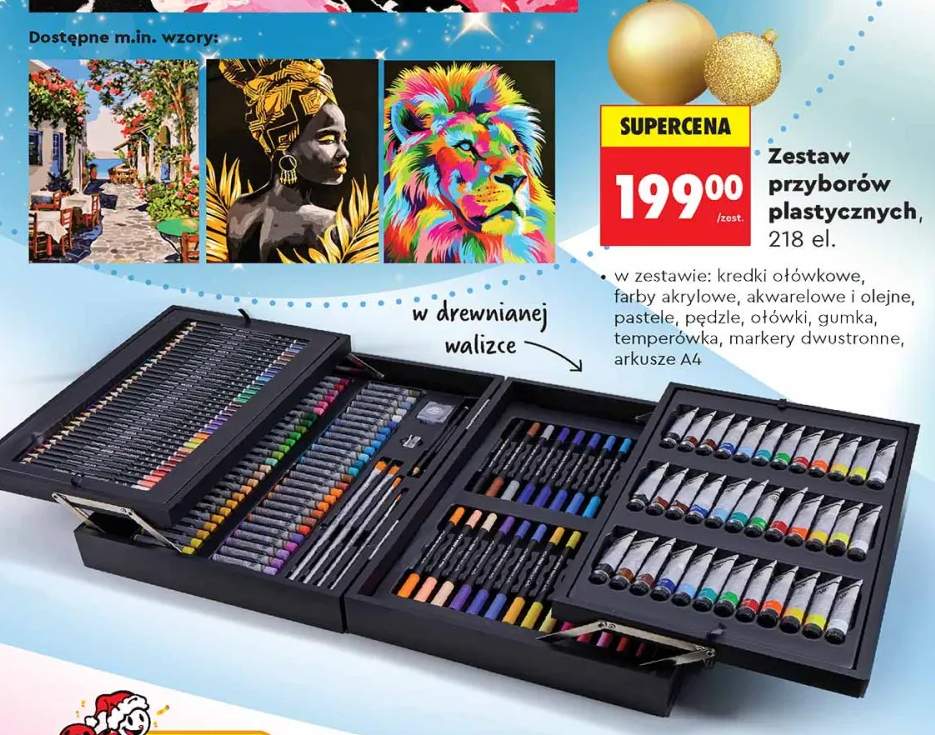 zestaw artystyczny w drewnianej walizce