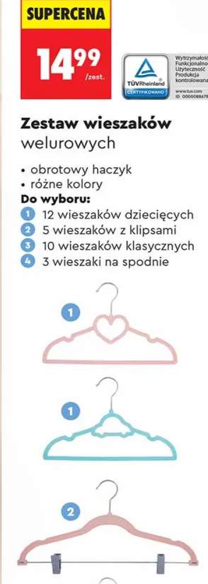 Zestaw wieszaków welurowych 3 wieszaki na spodnie