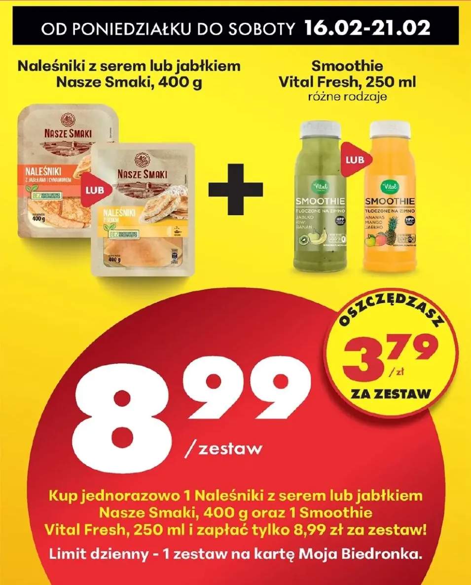 Zestaw: naleśniki z serem lub jabłkiem + smoothie 250 ml, różne rodzaje