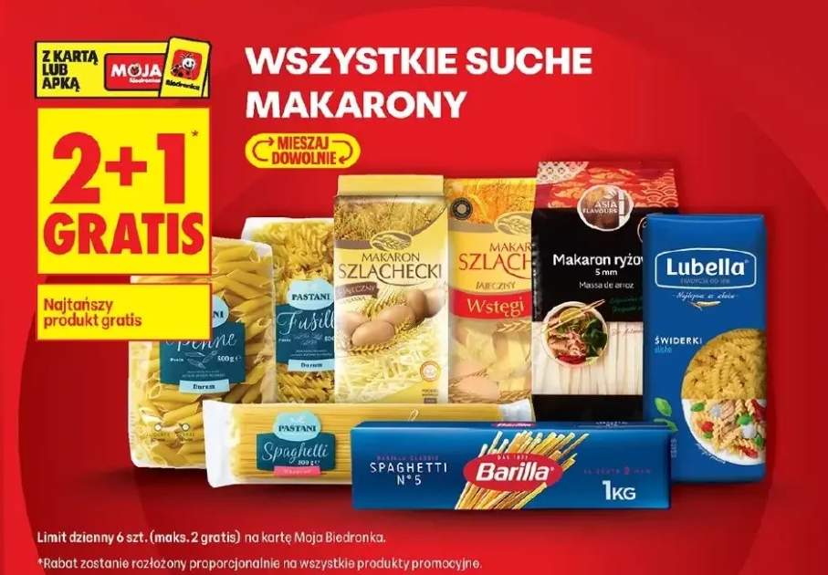 Makaron wszystkie rodzaje 2+1 GRATIS