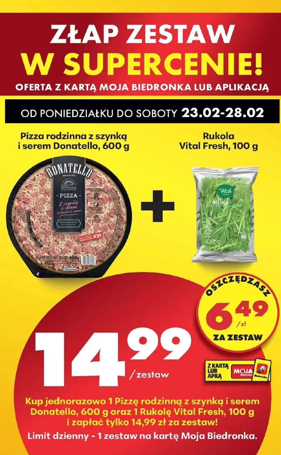 Zestaw: pizza rodzinna z szynką i serem Donatello + rukola Vital Fresh