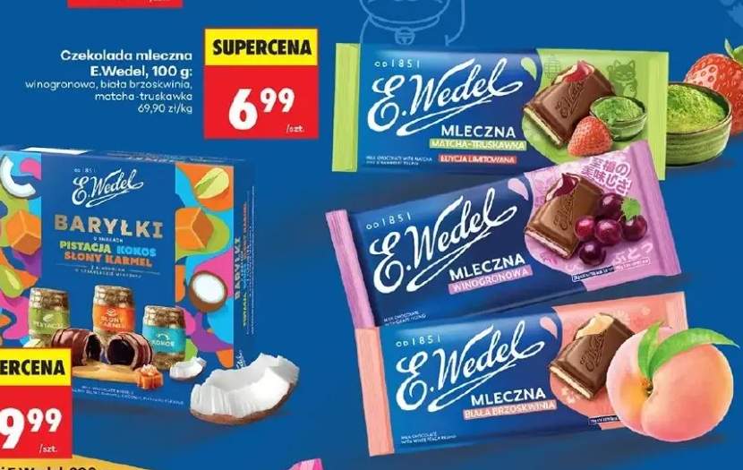 Czekolada mleczna winogronowa, biała brzoskwinia, matcha-truskawka