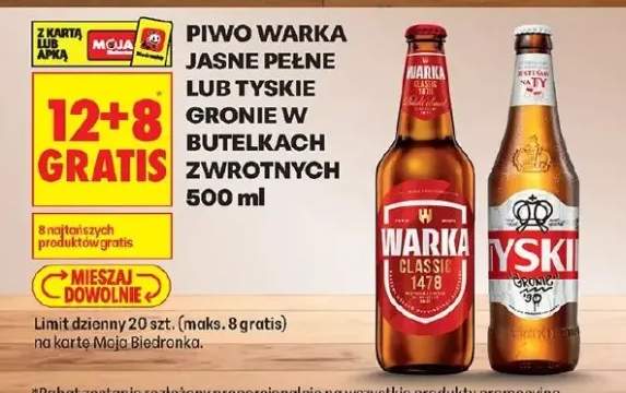 Piwo jasne pełne lub tyskie gronie w butelkach zwrotnych