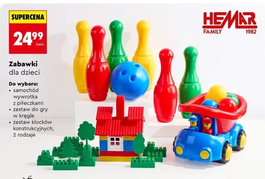 Zabawki dla dzieci do wyboru: samochód wywrotka z piłeczkami, zestaw do gry w kręgle, zestaw klocków konstrukcyjnych 2 rodzaje