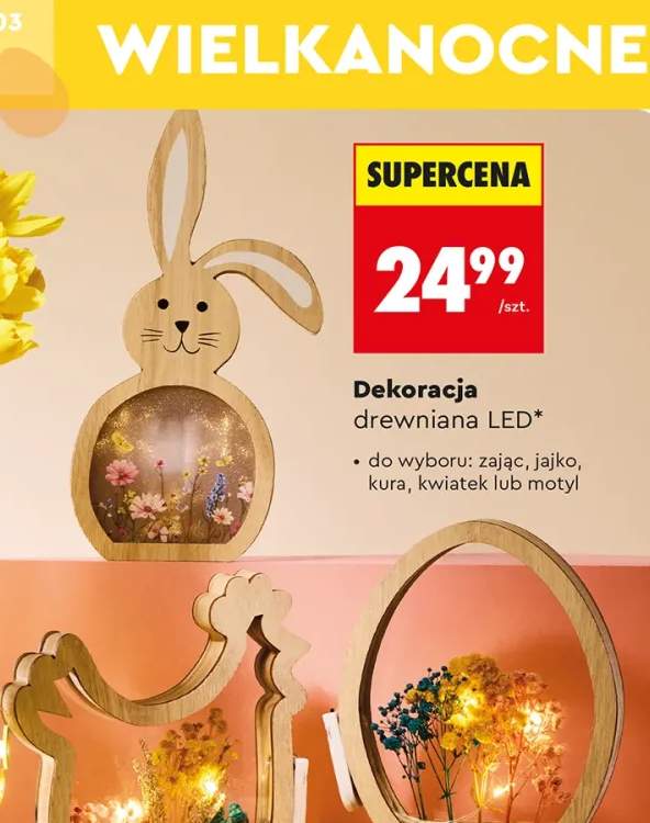 Dekoracja drewniana LED: zając, jajko, kura, kwiatek lub motyl