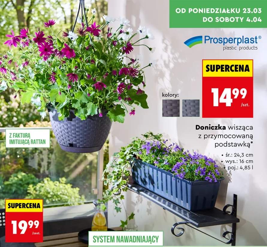 Doniczka wisząca z przymocowaną podstawką