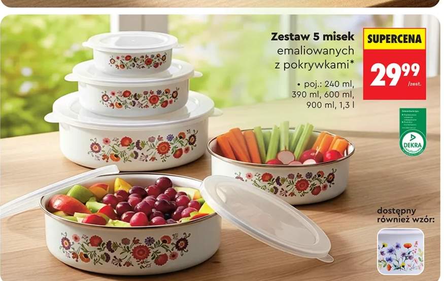 Zestaw 5 misek emaliowanych z pokrywkami