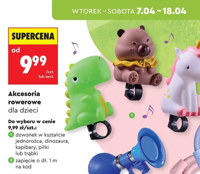 Dzwonek w kształcie jednorożca, dinozaura, kapibary, trąbki lub piłki