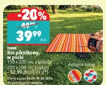 Koc piknikowy w paski 150 x 200 cm, z izolacją 200 x 200 cm, tłołkaty