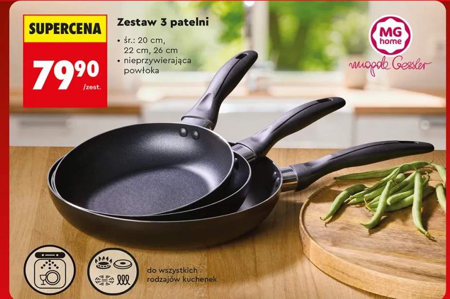 Zestaw 3 patelni MG Home Magda Gessler nieprzywierająca powłoka śr. 20cm 22cm 26cm