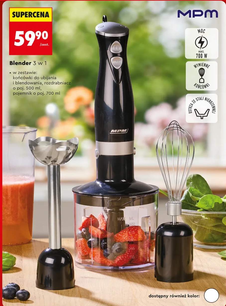 Blender ręczny MPM 3 w 1 700W czarny z końcówkami do ubijania i blendowania rozdrabniacz pojemnik