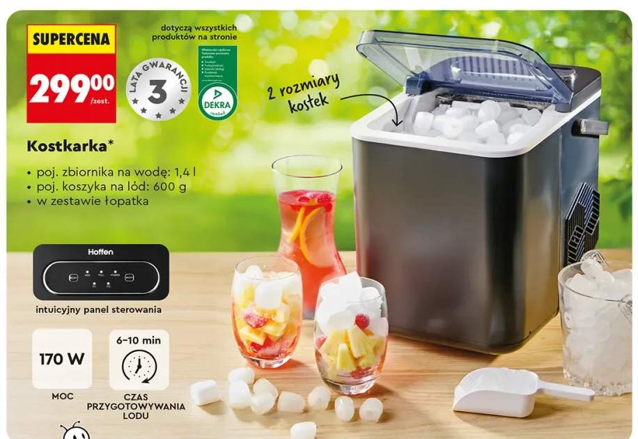 Kostkarka Hoffen 170W 2 rozmiary kostek pojemność zbiornika 1,4l pojemność koszyka 600g z łopatką