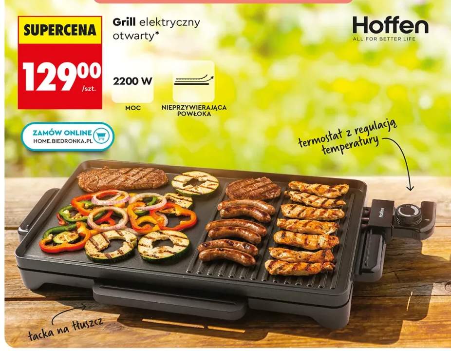 Grill elektryczny otwarty Hoffen 2200W nieprzywierająca powłoka termostaz z regulacją temperatury tacka na tłuszcz