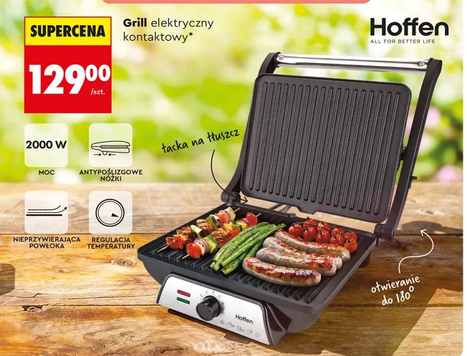 Grill elektryczny kontaktowy Hoffen 2000W nieprzywierająca powłoka regulacja temperatury antypoślizgowe nóżki otwieranie do 180° tacka na tłuszcz