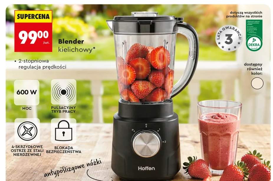 Blender kielichowy Hoffen 600W 2-stopniowa regulacja prędkości pulsacyjny tryb pracy 4-skrzydłowe ostrze ze stali nierdzewnej blokada bezpieczeństwa
