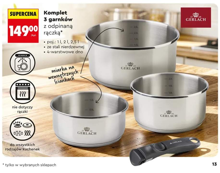 Komplet 3 garnków Gerlach z odpinaną rączką ze stali nierdzewnej 4-warstwowe dno poj. 1l 2l 2,5l