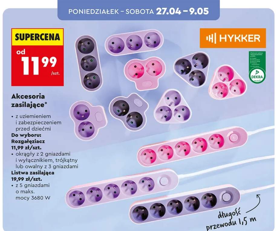 Listwa zasilająca Hykker z 5 gniazdami 3680W przewód 1,5m z uziemieniem