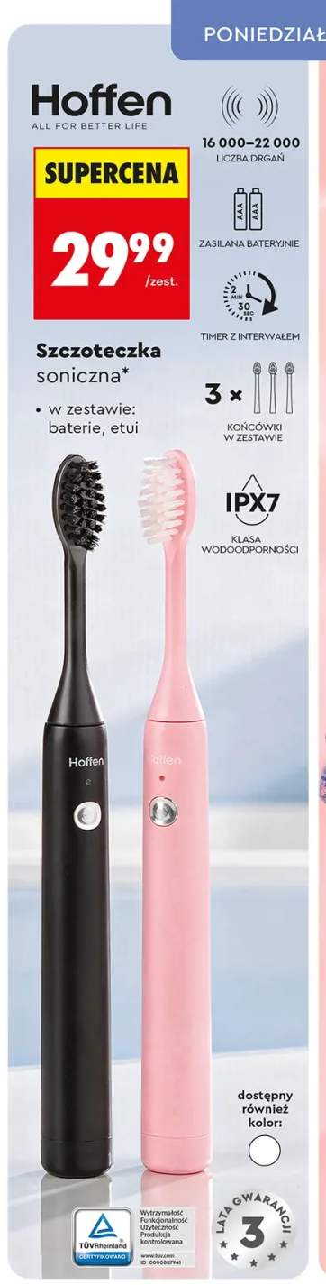 Szczoteczka soniczna Hoffen z 3 końcówkami IPX7 zasilana bateryjnie