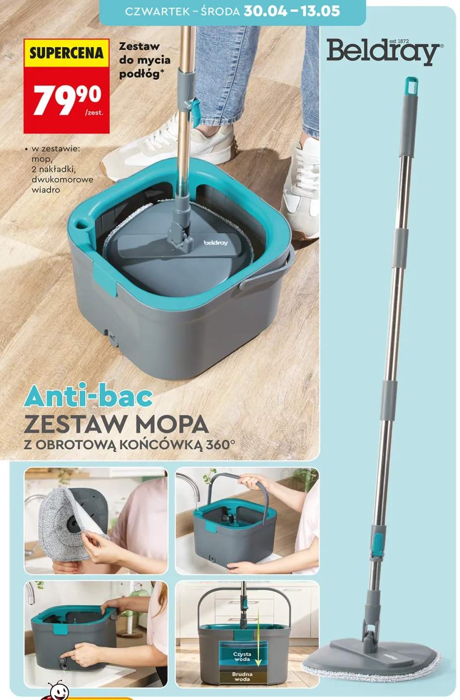Zestaw do mycia podłóg Beldray Anti-bac zestaw mopa z obrotową końcówką 360°