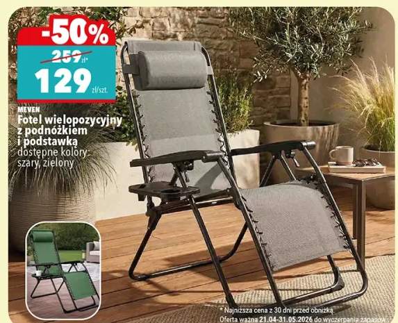 Fotel wielopozycyjny z podnóżkiem i podstawką Meven szary