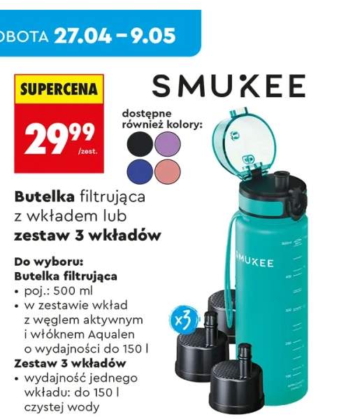 Butelka filtrująca Smukee z wkładem węgiel aktywny włókno Aqualen 500ml