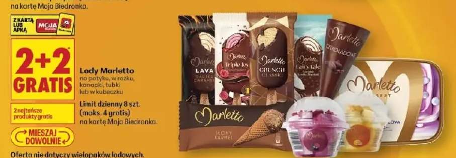 Lody Marletto na patyku w różku kanapki tubki lub w kubeczku