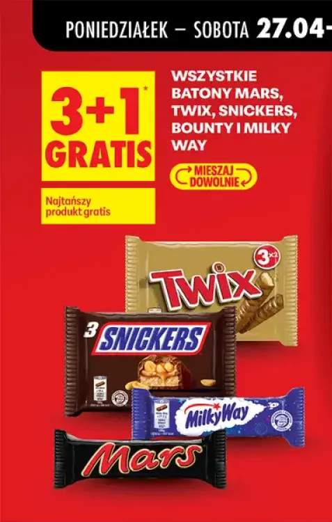 Wszystkie batony Mars, Twix, Snickers, Bounty i Milky Way 3+1 GRATIS