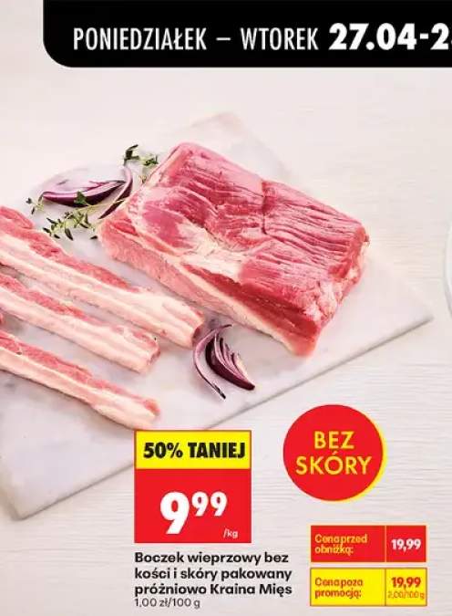 Boczek wieprzowy bez kości i skóry pakowany próżniowo Kraina Mięs