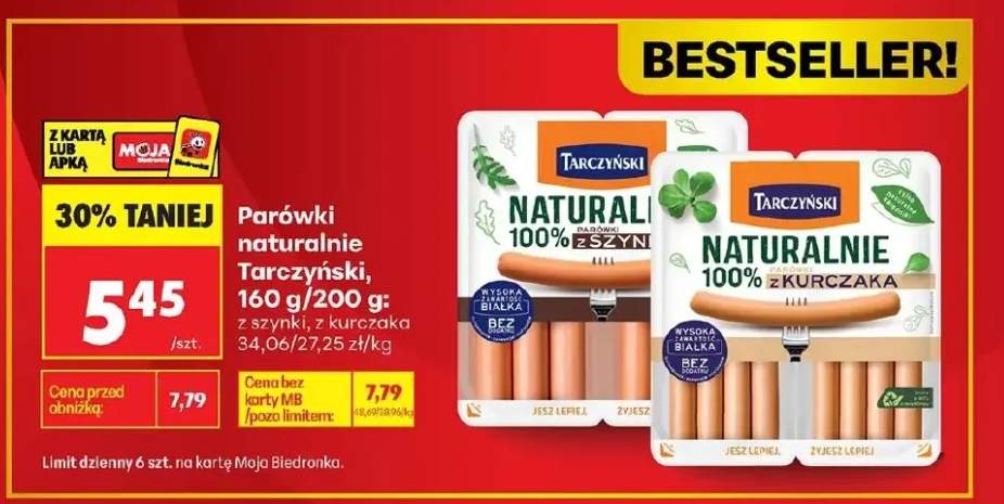 Parówki naturalnie 100% z kurczaka Tarczyński 160g/200g