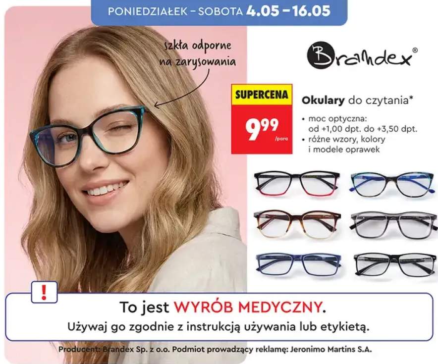 Okulary do czytania Brandex moc optyczna od +1,00 dpt. do +3,50 dpt. szkła odporne na zarysowania