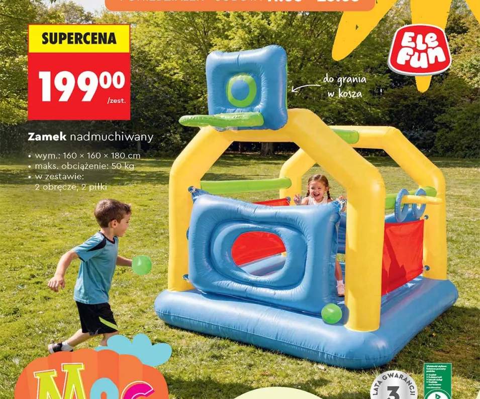 Zamek nadmuchiwany Elefun wym. 160x160x180cm maks. obciążenie 50kg w zestawie 2 obręcze 2 piłki