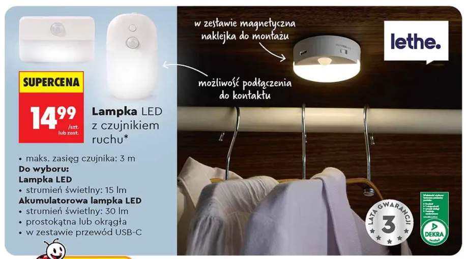 Lampka LED z czujnikiem ruchu lethe. 15lm