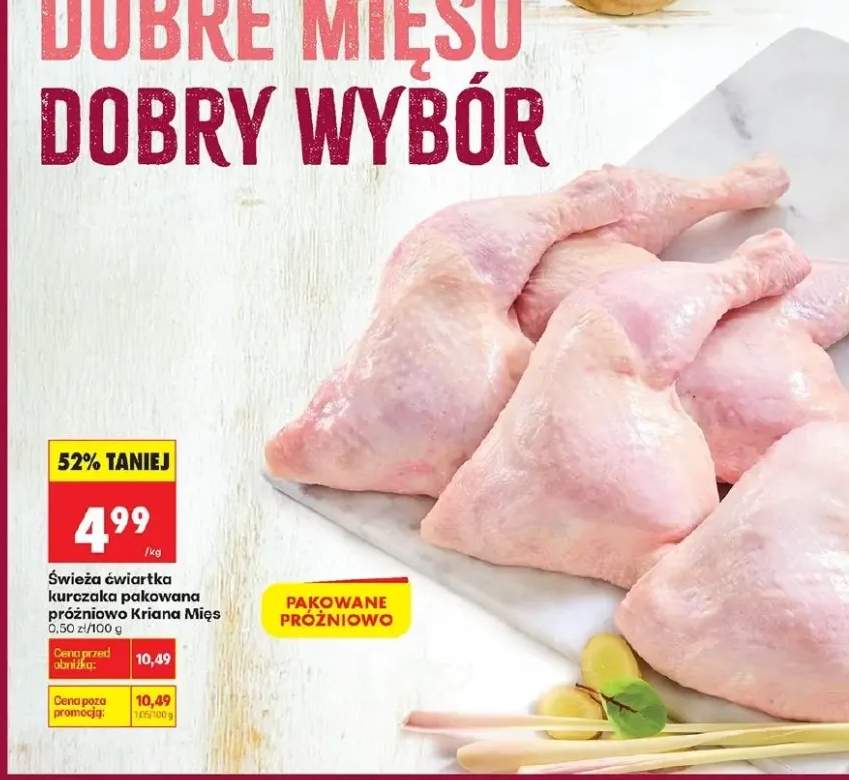 Świeża ćwiartka kurczaka pakowana próżniowo Kriana Mięs