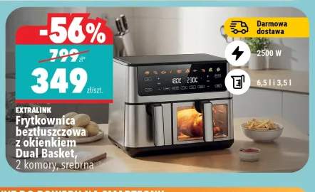 Frytkownica beztłuszczowa EXTRALINK z okienkiem Dual Basket 2 komory srebrna 2500W 6,5l i 3,5l
