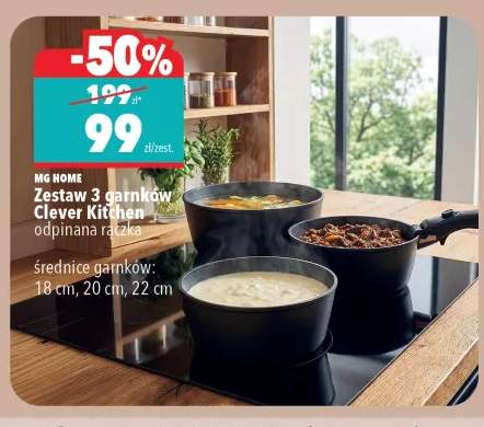 Zestaw 3 garnków Clever Kitchen odpinana rączka średnice garnków: 18cm, 20cm, 22cm