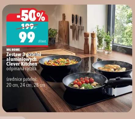 Zestaw 3 patelni aluminiowych Clever Kitchen odpinana rączka średnice patelni: 20cm, 24cm, 28cm