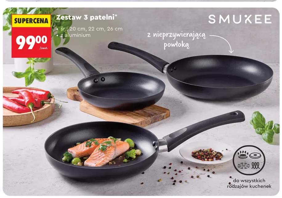 Zestaw 3 patelni SMUKEE z aluminium z nieprzywierającą powłoką 20cm 22cm 26cm