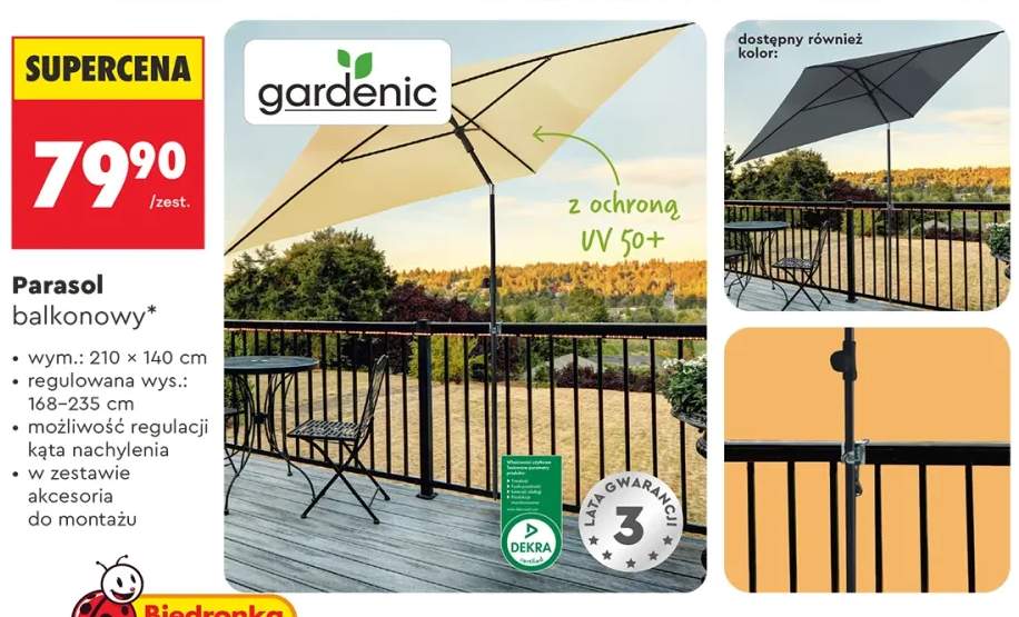 Parasol balkonowy gardenic 210x140cm z ochroną UV 50+