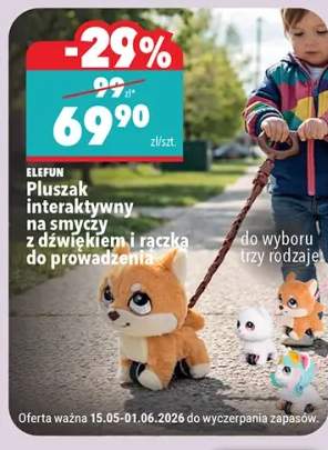 Pluszak interaktywny na smyczy z dźwiękiem i rączką do prowadzenia ELEFUN