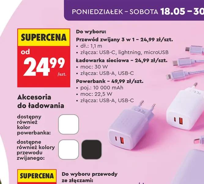 Ładowarka sieciowa HYKKER moc 30W złącza USB-A USB-C