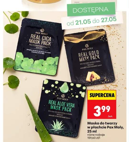 Maska do twarzy w płachcie Real Aloe Vera Mask Pack Pax Moly