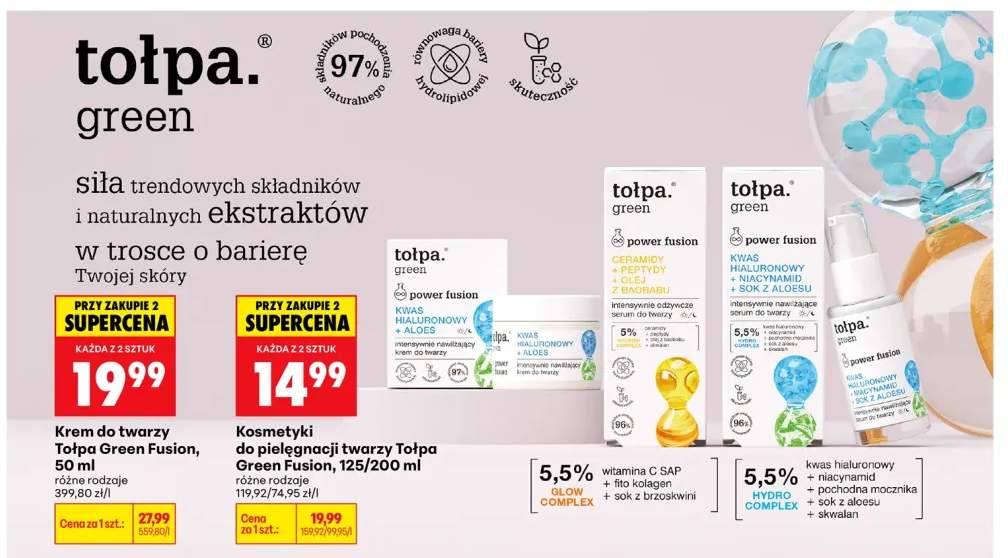 Serum do twarzy Tołpa Green Power Fusion kwas hialuronowy + niacynamid + sok z aloesu intensywnie nawilżające