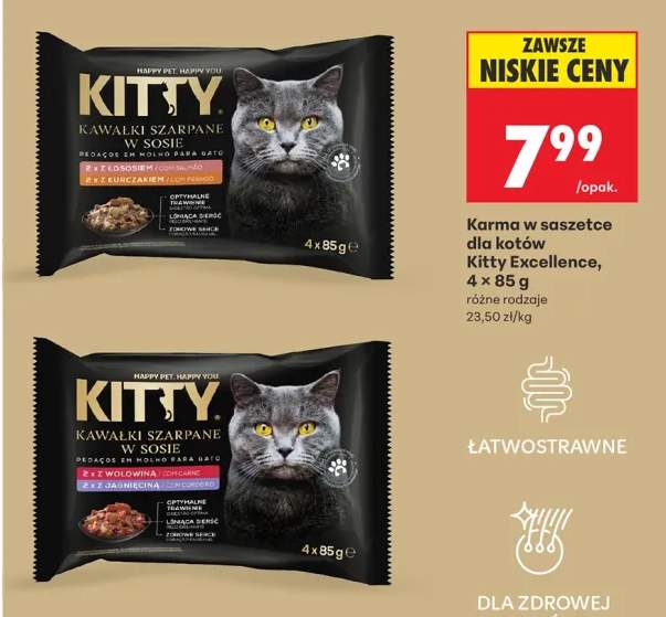 Karma w saszetce dla kotów Kitty Excellence z łososiem i kurczakiem 4-pak 85g