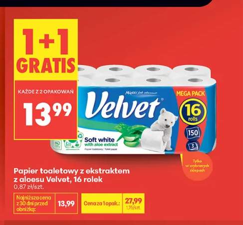 Papier toaletowy z ekstraktem z aloesu Velvet 16-pak