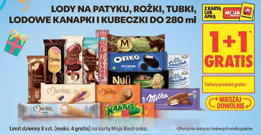 Lody na patyku, rożki, tubki, lodowe kanapki i kubeczki do 280ml