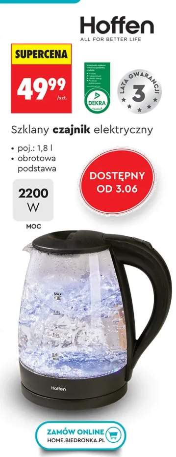 Szklany czajnik elektryczny Hoffen 1,8l 2200W