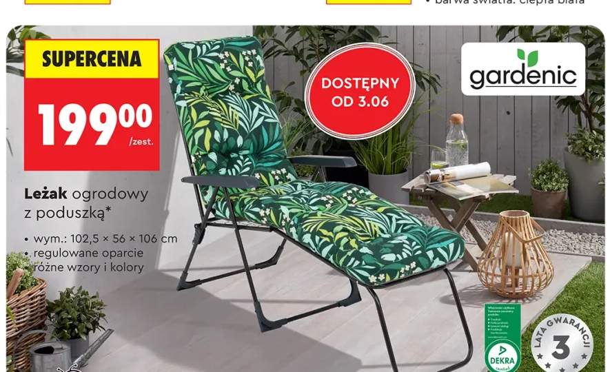 Leżak ogrodowy z poduszką Gardenic wym.: 102,5x56x106cm