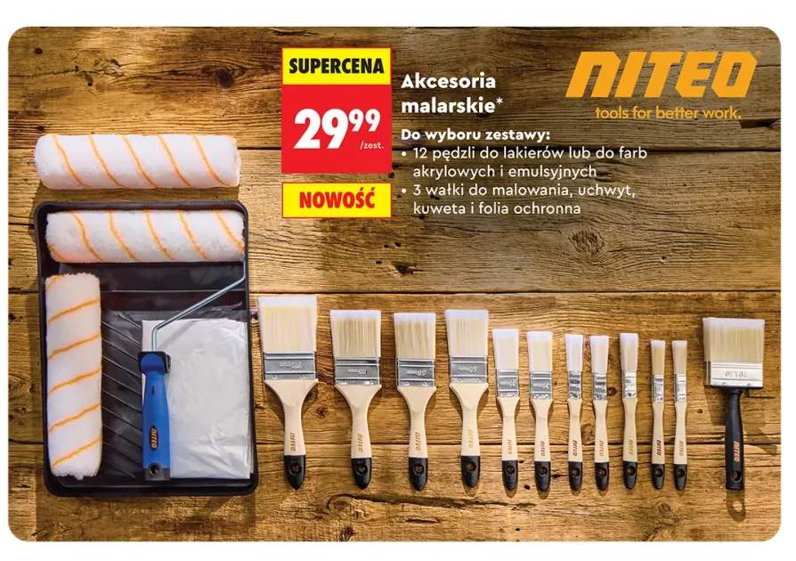 Akcesoria malarskie NITEO zestaw 3 wałki do malowania, uchwyt, kuweta i folia ochronna