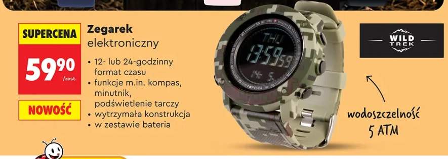 Zegarek elektroniczny WILD TREK 12- lub 24-godzinny format czasu funkccje m.in. kompas minutnik podświetlenie tarczy wytrzymała konstrukcja w zestawie bateria wodoszczelność 5 ATM