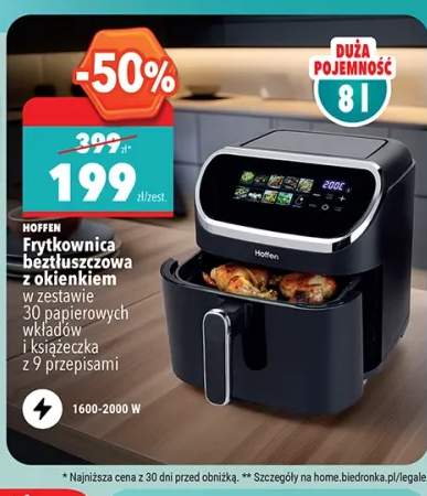 Frytkownica beztłuszczowa z okienkiem HOFFEN 8l 1600-2000W w zestawie 30 papierowych wkładów i książeczka z 9 przepisami